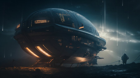 Space ship in the mist. 3D render. Fantasy landscape.の素材