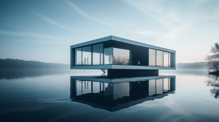 3d render of modern house on a lake with reflection on waterの素材