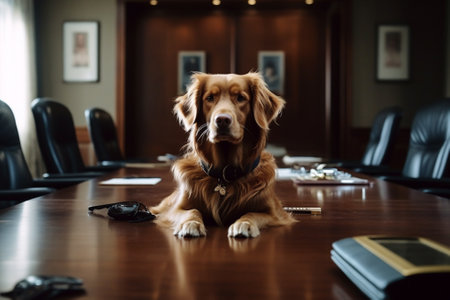 Golden Retriever sitting at the table in a courtroom or law enforcement officeの素材