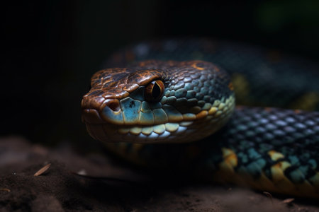 Close-up of a snake on a dark background. Snake portraitの素材