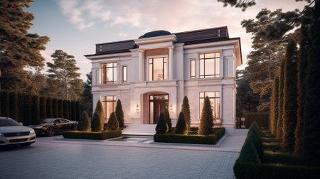 3d render of a luxury villa in the garden with solar panelsの素材