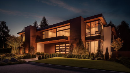 3d rendering of modern cozy house with garage and pool for sale or rent with beautiful landscaping on background. Clear summer night with many stars on the sky.の素材