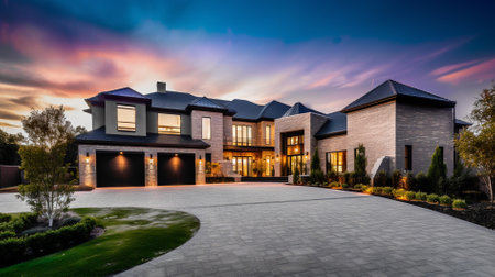 Luxury modern house with garage and driveway at sunset. Long exposure.の素材