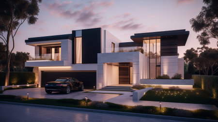 3d rendering of modern cozy house with garage for sale or rent with beautiful landscaping on background. Clear summer evening with warm light from window.の素材