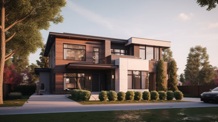 3d rendering of modern cozy house with garage and pool for sale or rent. Clear sunny summer evening with blue sky.の素材