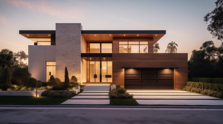 3d rendering of modern cozy house with garage and pool for sale or rent with beautiful landscaping on background. Clear sunny summer evening with blue sky.の素材