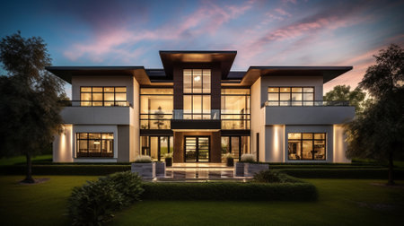 Exterior of a modern house at night with a beautiful sky.の素材