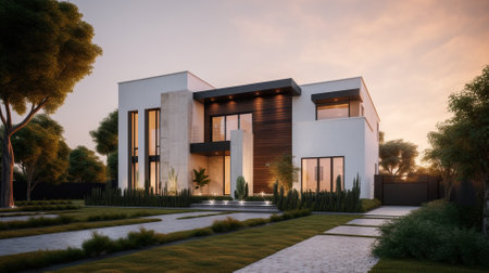 3d rendering of modern cozy house with garage for sale or rent with beautiful landscaping on background. Clear summer evening with golden sunlight.の素材