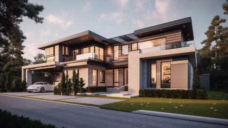 3d rendering of modern cozy house with garage and pool for sale or rent with beautiful landscaping on background. Clear summer evening with blue sky.の素材