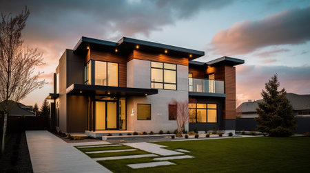 Panoramic view of modern house with beautiful landscaping in the eveningの素材