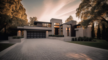 3d rendering of modern cozy house with garage for sale or rent with beautiful landscaping on background. Clear sunny summer evening with blue sky.の素材