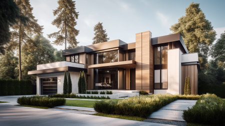 3d rendering of modern cozy house with pool and parking for sale or rent in luxurious style and beautiful landscaping on background. Clear summer evening with golden sunlight.の素材