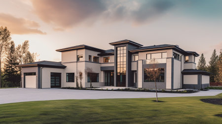 3d rendering of modern cozy house with garage for sale or rent with beautiful landscaping.の素材