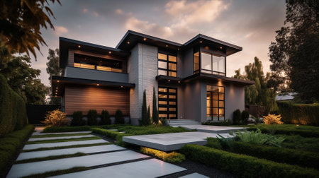 3d rendering of modern cozy house in chalet style with garage and pool for sale or rent with beautiful landscaping on background. Clear summer evening with golden sunlight.の素材