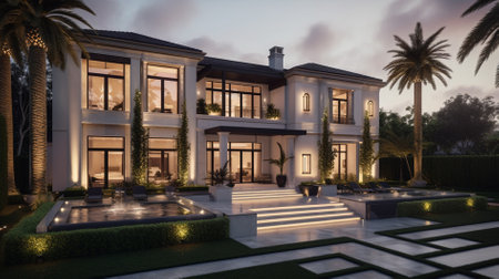 3d rendering of modern cozy house in the garden with pool and parking for sale or rent.の素材