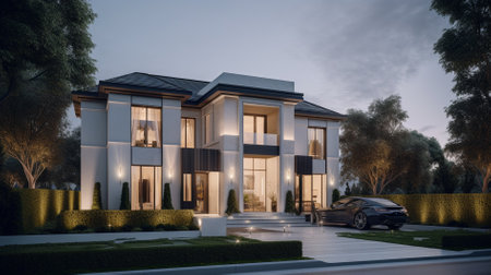 3d rendering of modern cozy house with garage and pool for sale or rent with beautiful landscaping on background. Clear summer night with cozy light from window.の素材