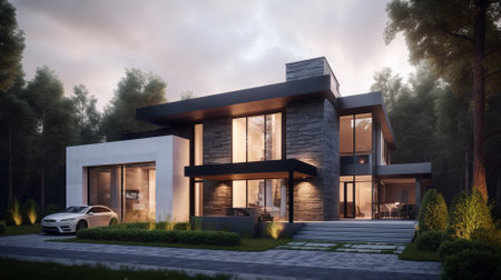 3d rendering of modern cozy house with pool and parking for sale or rent in luxurious style and beautiful landscaping on background. Clear summer evening with golden sunlight.の素材