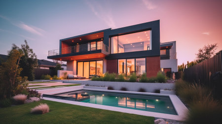 3d rendering of modern cozy house with pool and parking for sale or rent in luxurious style and beautiful landscaping on background. Clear summer evening with blue sky.の素材