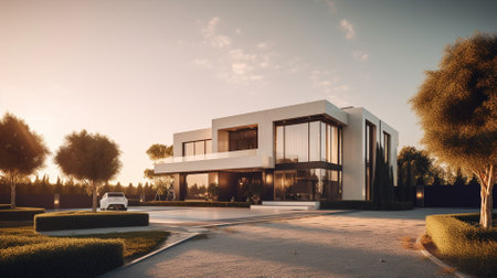 Luxury house in the garden. 3d render illustration.の素材