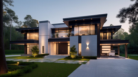 3d rendering of modern cozy house on the hill with garage and pool for sale or rent with beautiful landscaping on background. Clear summer night with many stars on the sky.の素材