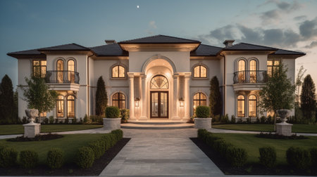 Luxury mansion in the evening with a view of the gardenの素材