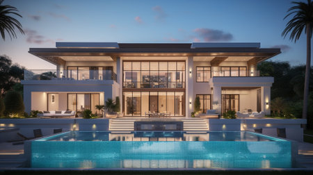 3d rendering of modern cozy house with pool and parking for sale or rent in luxurious style. Clear summer night with many stars on the sky.の素材