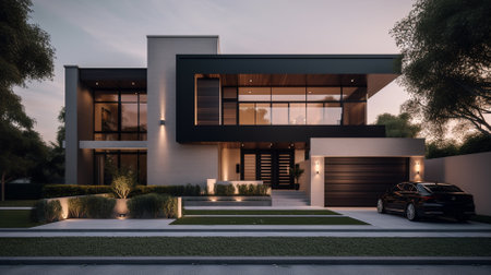 3d rendering of modern cozy house with garage and pool for sale or rent. Black car parked in front of the house.の素材