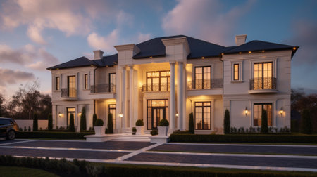Panorama of a beautiful luxury house in the evening with a beautiful skyの素材