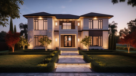 3d rendering of modern cozy house in the garden at night.の素材