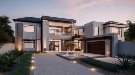 3d rendering of modern cozy house with garage and pool for sale or rentの素材