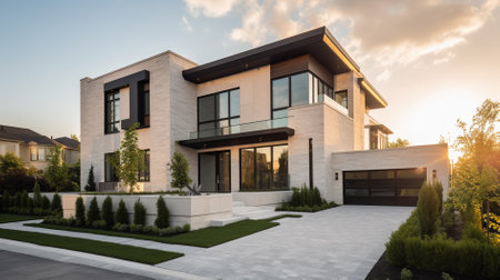 Exterior of modern house with beautiful landscaping. Northwest, USAの素材