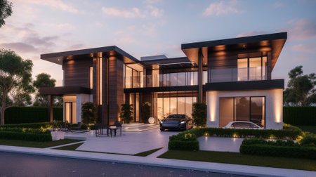 3d rendering of modern cozy house in the garden with garage for sale or rent. Clear summer evening with golden light.の素材