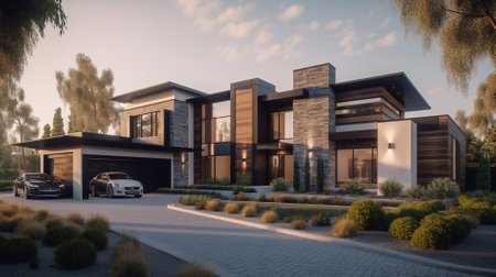 3d rendering of modern cozy house in chalet style with garage for sale or rent and beautiful landscaping on background. Clear sunny summer evening with blue sky.の素材