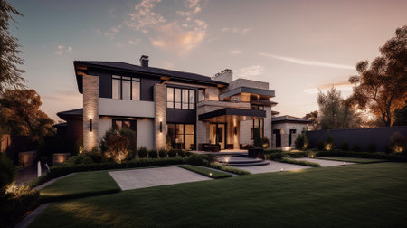 3d rendering of modern cozy house with garage and pool for sale or rent with beautiful landscaping on background. Clear summer evening with blue sky.の素材