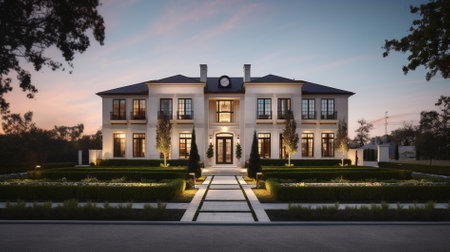 Luxury mansion in the evening light. 3D rendering.の素材