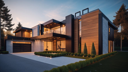 3d rendering of modern cozy house with parking and pool for sale or rent with wood plank facade. Clear summer night with blue sky.の素材