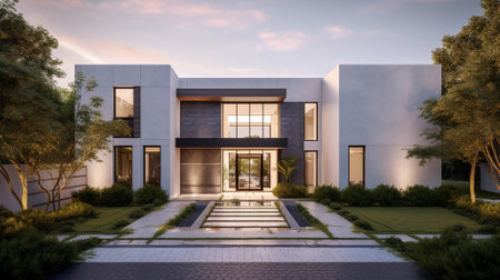 3d rendering of modern cozy house with garage for sale or rent with beautiful landscaping on background. Clear sunny summer evening with blue sky.の素材