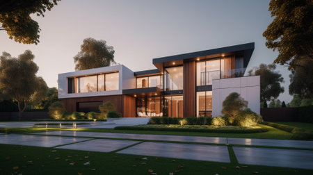 3d rendering of modern cozy house with pool and parking for sale or rent in luxurious style and beautiful landscaping on background.の素材