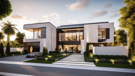 3d rendering of modern cozy house with pool and parking for sale or rent in luxurious style.の素材