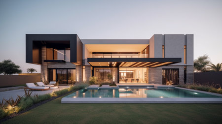 3d rendering of modern cozy house with pool and parking for sale or rent in luxurious style and beautiful landscaping on background. Clear summer evening with cozy light from window.の素材