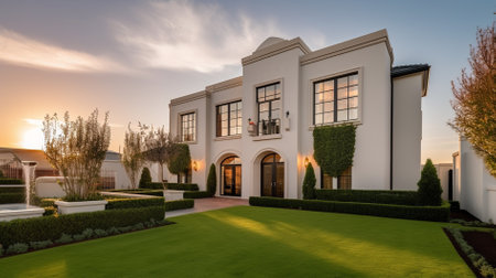 Luxury villa with garden at sunset. 3d renderingの素材