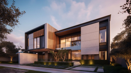 3d rendering of modern cozy house by the river with garage for sale or rent. Clear sunny summer evening with blue sky.の素材
