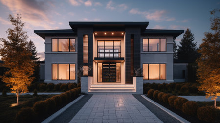3d render of modern house exterior with garden and stairs at sunsetの素材