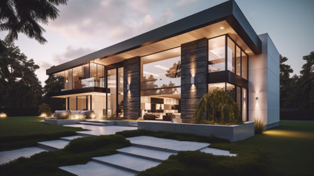 3d rendering of modern cozy house with pool and parking for sale or rent in luxurious style. Sunset with beautiful sky.の素材