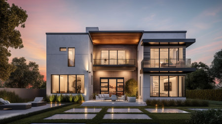 3d rendering of modern cozy house with pool and parking for sale or rent in luxurious style and beautiful landscaping on background. Clear summer evening with warm light from window.の素材
