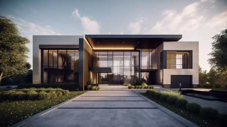 3d rendering of modern house exterior with garden and beautiful landscapingの素材