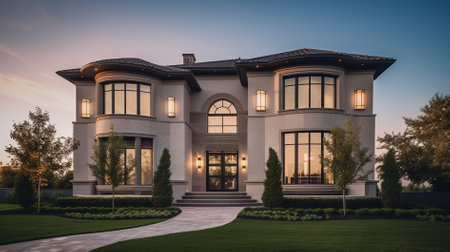 3D rendering of a beautiful luxury house with a garden at sunsetの素材