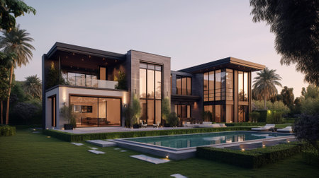 3d rendering of modern cozy house with pool and parking for sale or rent in luxurious style. Sunset with beautiful sky.の素材