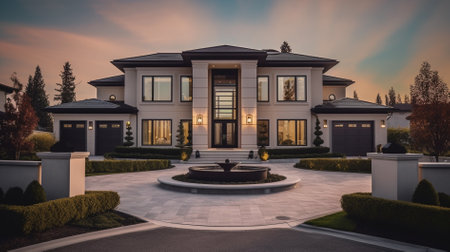 3d rendering of a luxury house with garage and driveway at sunsetの素材