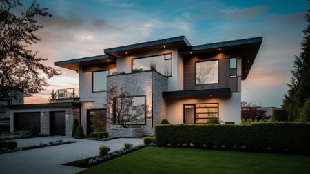 3d rendering of modern cozy house with garage and pool for sale or rent. Clear summer evening with blue sky.の素材